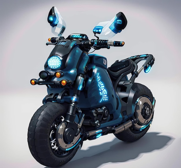 Une moto bleue et noire avec le mot