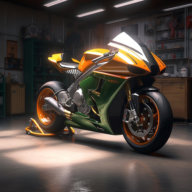 Une moto avec une carrosserie verte et orange est garée dans un garage.