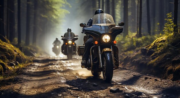 Une moto avec un casque noir roule sur un chemin de terre dans les bois.