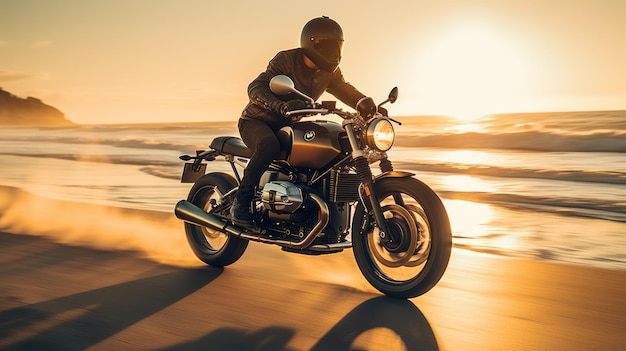 moto de course conduisant sur la plage