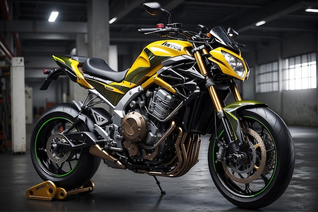 Une moto de course nue dans le garage.