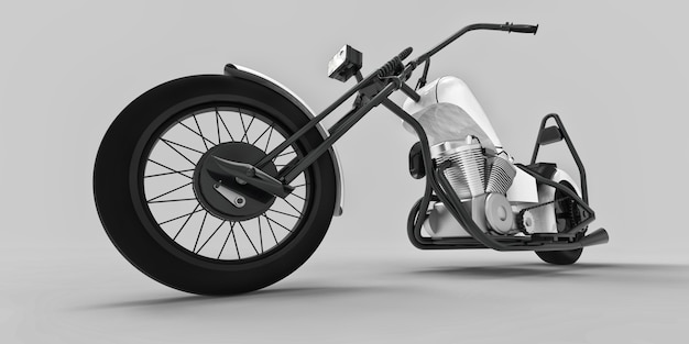 Moto custom classique blanche et noire isolée sur fond gris clair. rendu 3D.