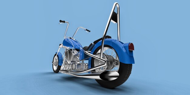 Moto custom classique bleue isolée sur fond bleu clair. rendu 3D.