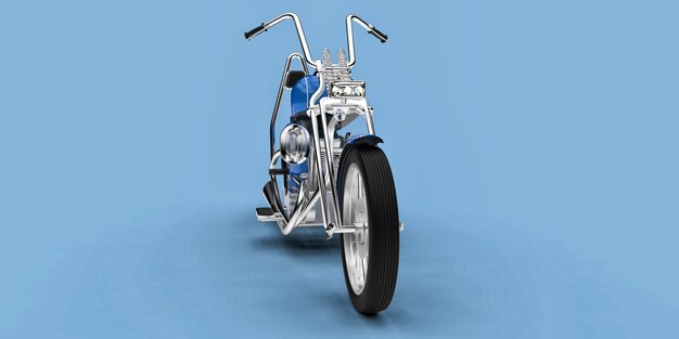Moto custom classique bleue isolée sur fond bleu clair. rendu 3D.