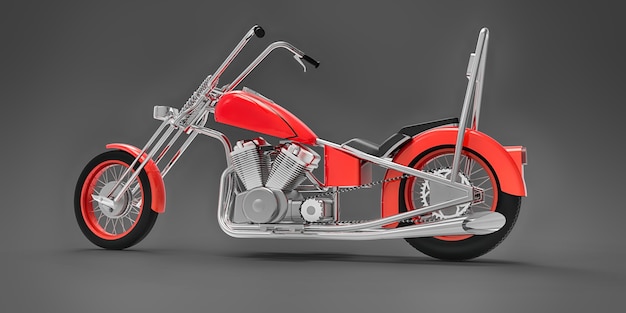 Moto custom classique rouge isolée sur fond gris. rendu 3D.