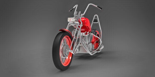 Moto custom classique rouge isolée sur fond gris. rendu 3D.