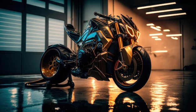 Une moto dans une pièce sombre avec des lumières sur le mur