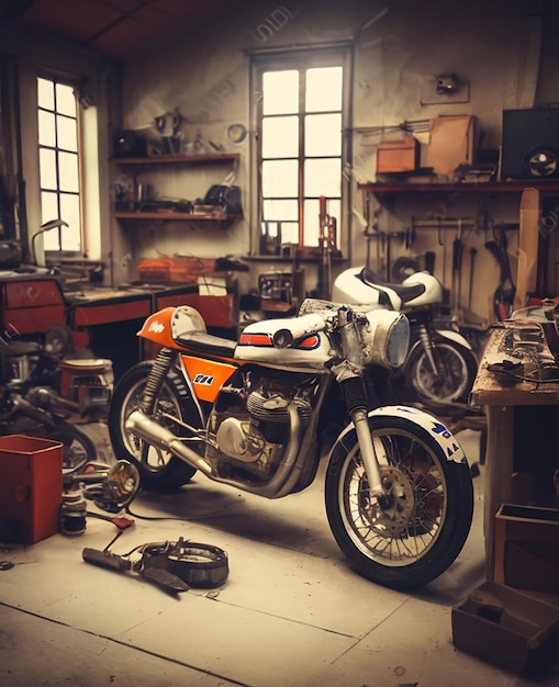 Photo une moto est dans un atelier avec un panneau qui dit le mot citation sur lui