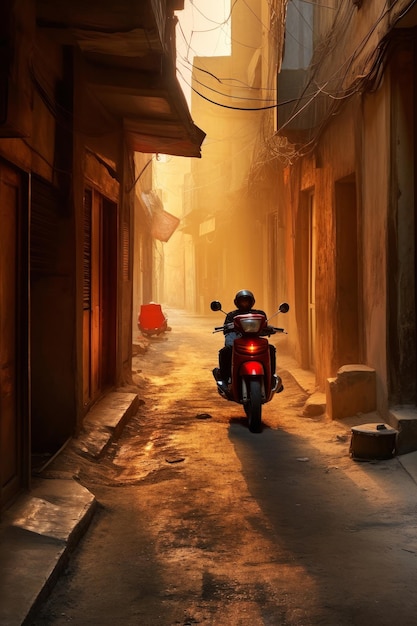 Une moto est garée dans une ruelle sombre avec un feu rouge.