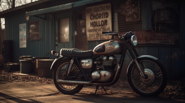 Une moto est garée devant un bâtiment qui dit chorlod hor.