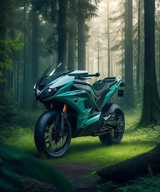 MOTO FUTURISTE AU CÔTÉ DE LA FORÊT