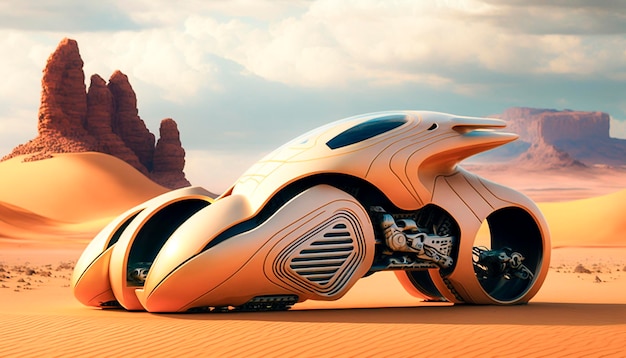 Une moto futuriste et luxueuse dans le désert