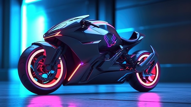 Une moto futuriste avec des néons et le mot zéro sur le devant.
