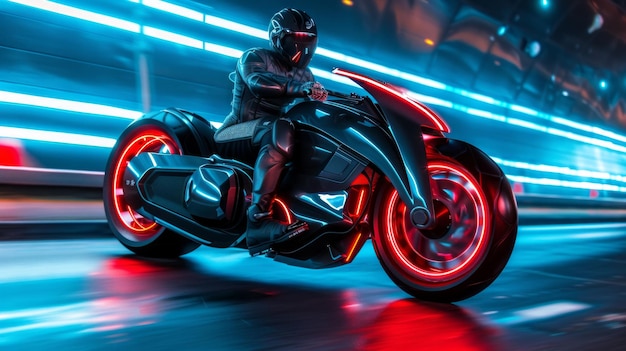 Une moto futuriste se déplace dans une rue sombre éclairée au néon La moto est de couleur noire et rouge avec des lignes angulaires et agressives Elle est équipée de pneus larges et de tête LED AI générative