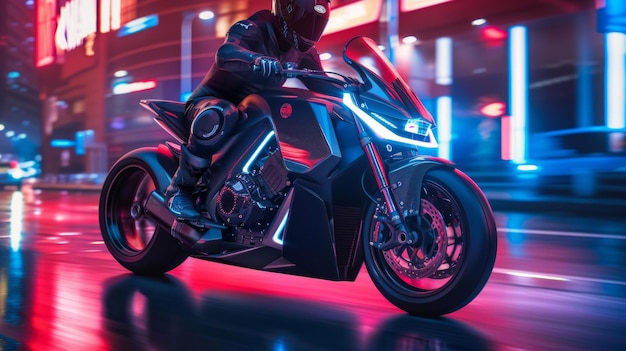 Une moto futuriste se déplace dans une rue sombre éclairée au néon La moto est noire et rouge en couleur AI Génératif