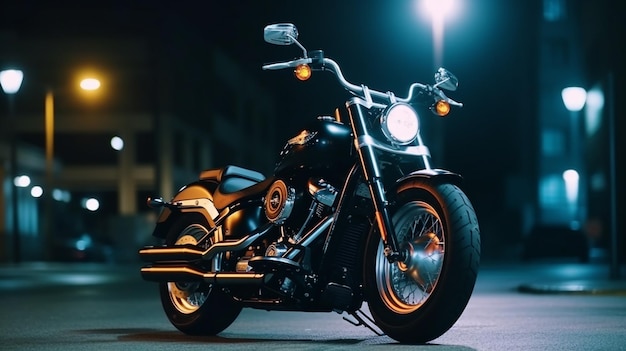 Une moto garée dans une rue la nuit avec le mot Harley sur le devant.