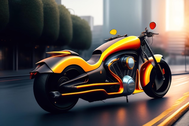 Une moto irréelle futuriste garée dans la rue, fabriquée avec une IA générative.