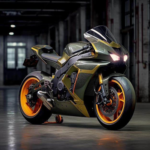 Une moto avec des jantes orange et noires est garée dans un garage.