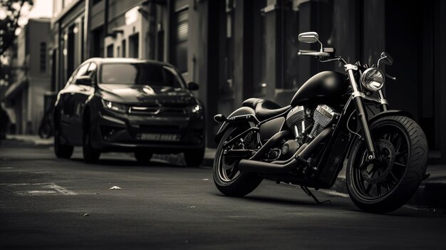 Une moto moderne garée dans une rue de la ville avec un arrière-plan flou de bâtiments et un taxi