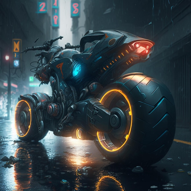 Une moto avec des néons qui disent "cyberpunk" dessus