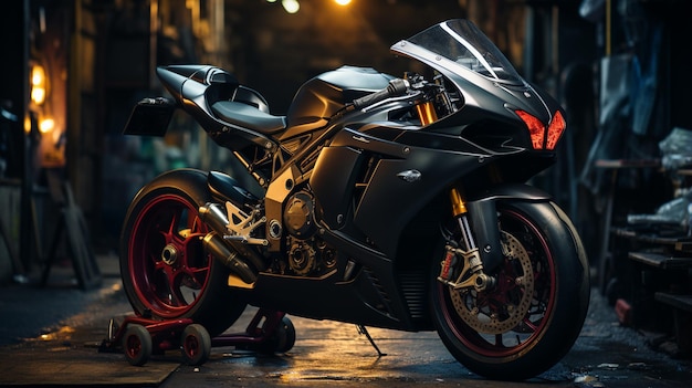 Une moto noire dans le garage.