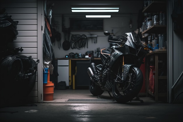 Photo moto noire générée par l'ia garée dans un garage sombre.