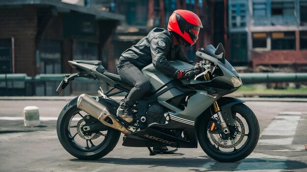 Photo une moto noire grise et un casque rouge