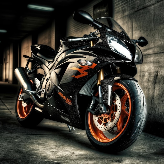 Une moto noire avec des jantes orange