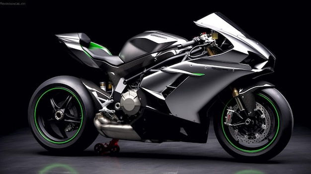 Une moto noire avec un siège vert et noir est sur fond noir.