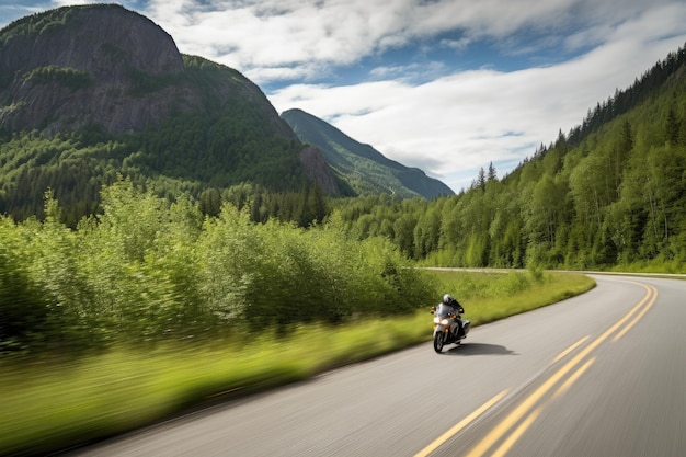 Moto passant devant une chaîne de montagnes pittoresque créée avec une IA générative