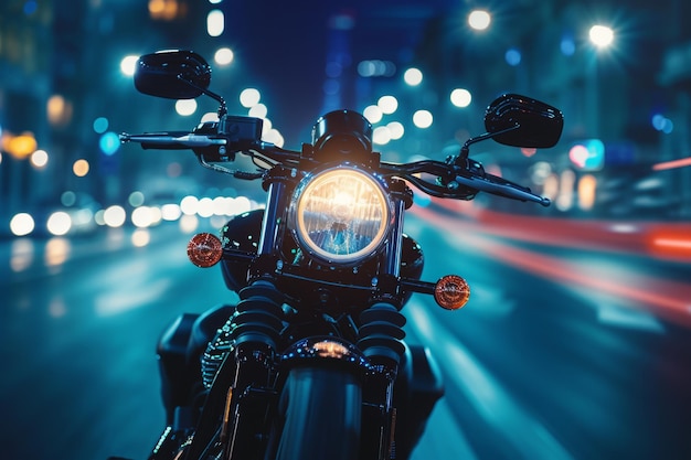 Une moto avec un phare brillant la nuit.