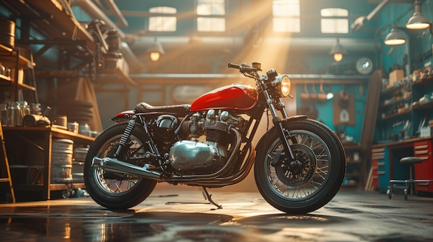 Une moto Red Bobber sur mesure dans un garage atmosphérique