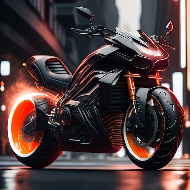 Une moto avec des roues orange et noires est dans une rue.