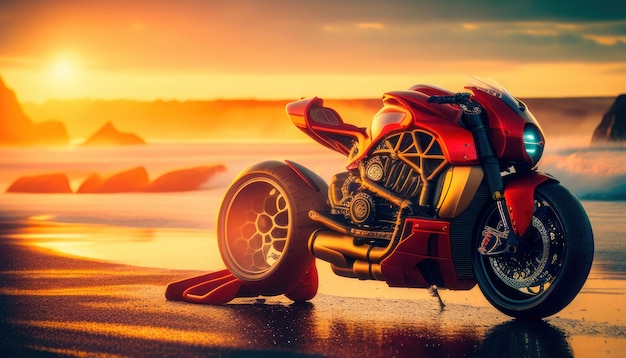 Une moto rouge est garée sur la plage devant un coucher de soleil.