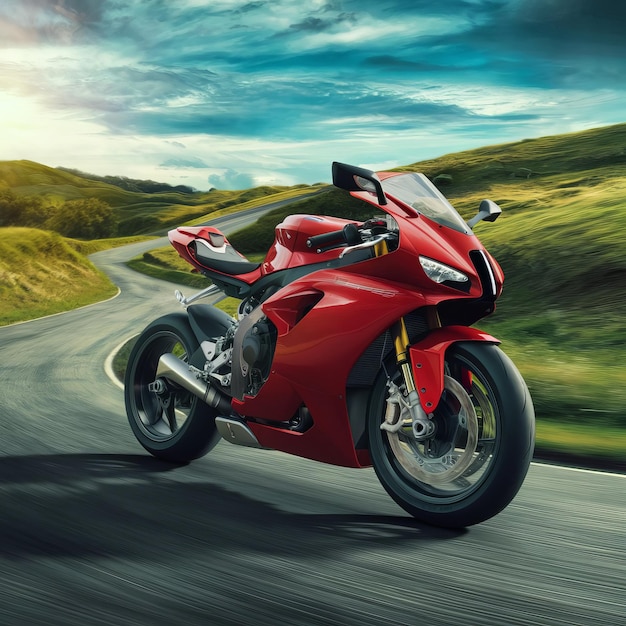 une moto rouge est sur la route et l'image est de la marque de la société