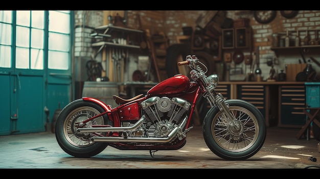 Photo une moto rouge garée dans un vieux garage.