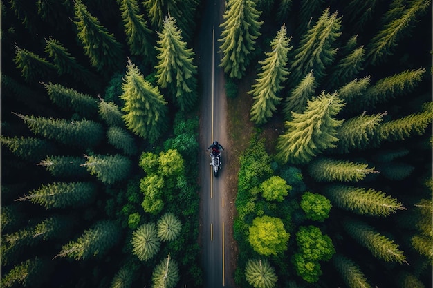 Moto roulant à travers la forêt sur une route de campagne Fabriqué par AIIntelligence artificielle