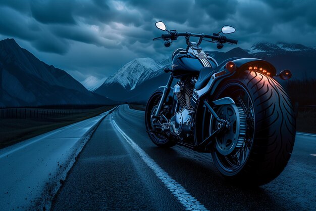 Une moto sur une route de montagne au crépuscule