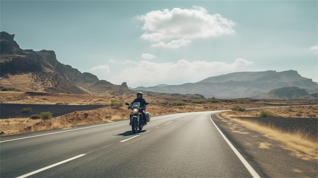 Une moto sur la route avec des montagnes en arrière-plan