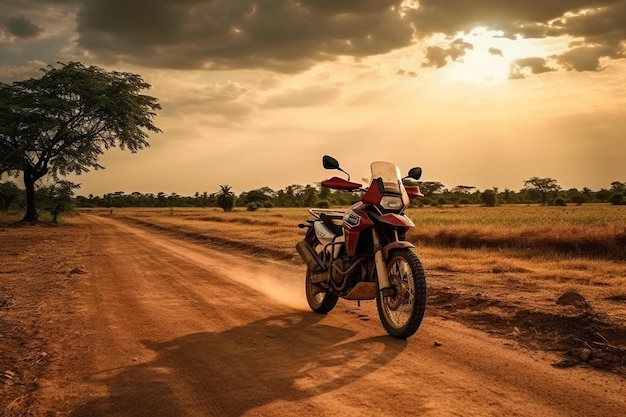 Moto de safari de motocross mx sur un chemin de terre avec un paysage magnifique