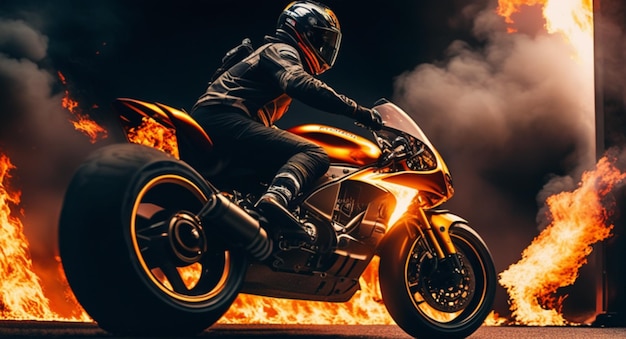 Moto de sport avec superbike cinématographique de fond de feu