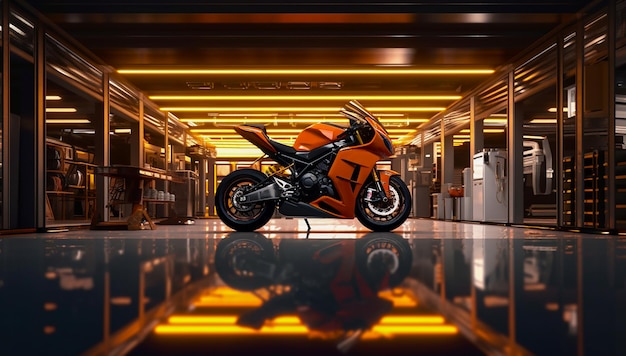 Une moto sportive dans un garage moderne