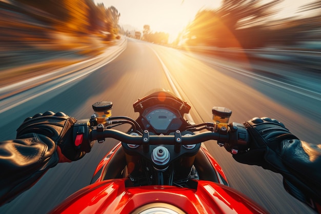 Moto sportive sur une route boisée à la lumière du jour avec un flou de mouvement