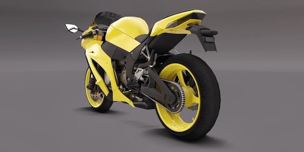 Moto super sport jaune 3D sur fond gris. illustration 3D.