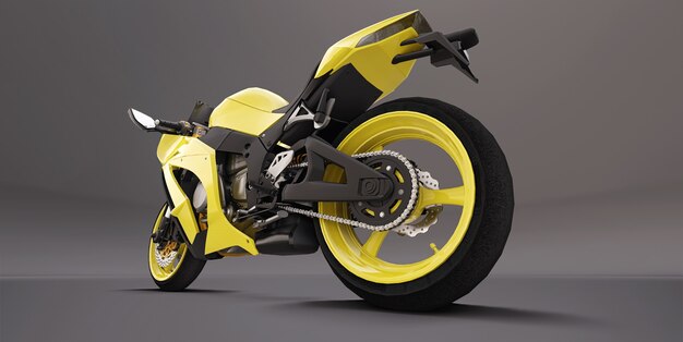 Moto super sport jaune 3d sur fond gris. illustration 3D.