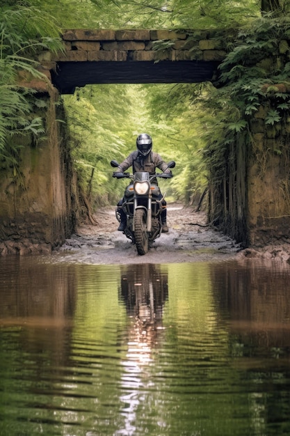 Photo moto tout-terrain traversant une rivière peu profonde créée avec une ia générative