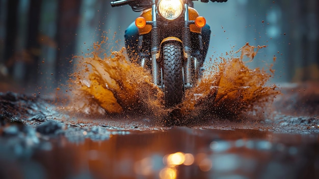 Photo une moto traversant une flaque de boue ses pneus pulvérisant l'air