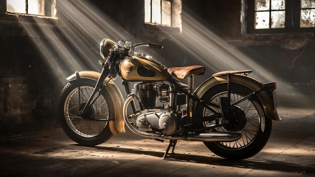 Une moto vintage debout dans un bâtiment sombre dans les rayons de la lumière du soleil vue latérale