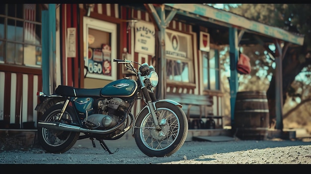 Une moto vintage est garée à l'extérieur d'une vieille station-service.