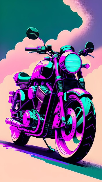 Une moto violette est garée devant un nuage.